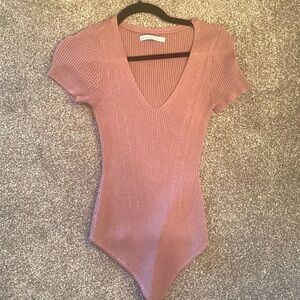 Abercrombie & Fitch Mauve Ribbed Short Sleeve Sweater Bodysuit S